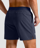 mid rise elastic waist slit short 5" in navy - back view