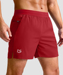 mid rise elastic waist slit short 5" in red - front view