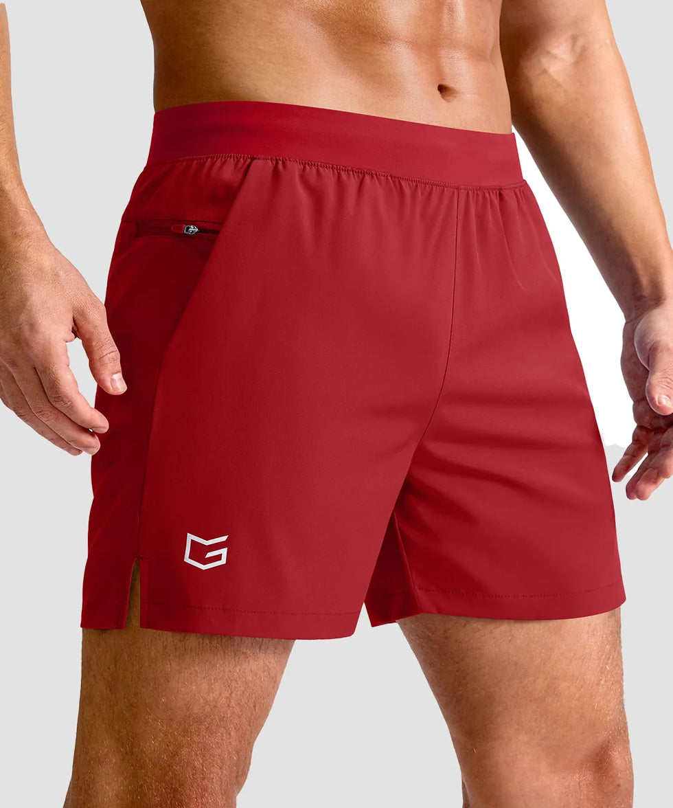 mid rise elastic waist slit short 5" in red - front view