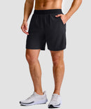 mid rise elastic waist slit short 7" in black - pocket detail view