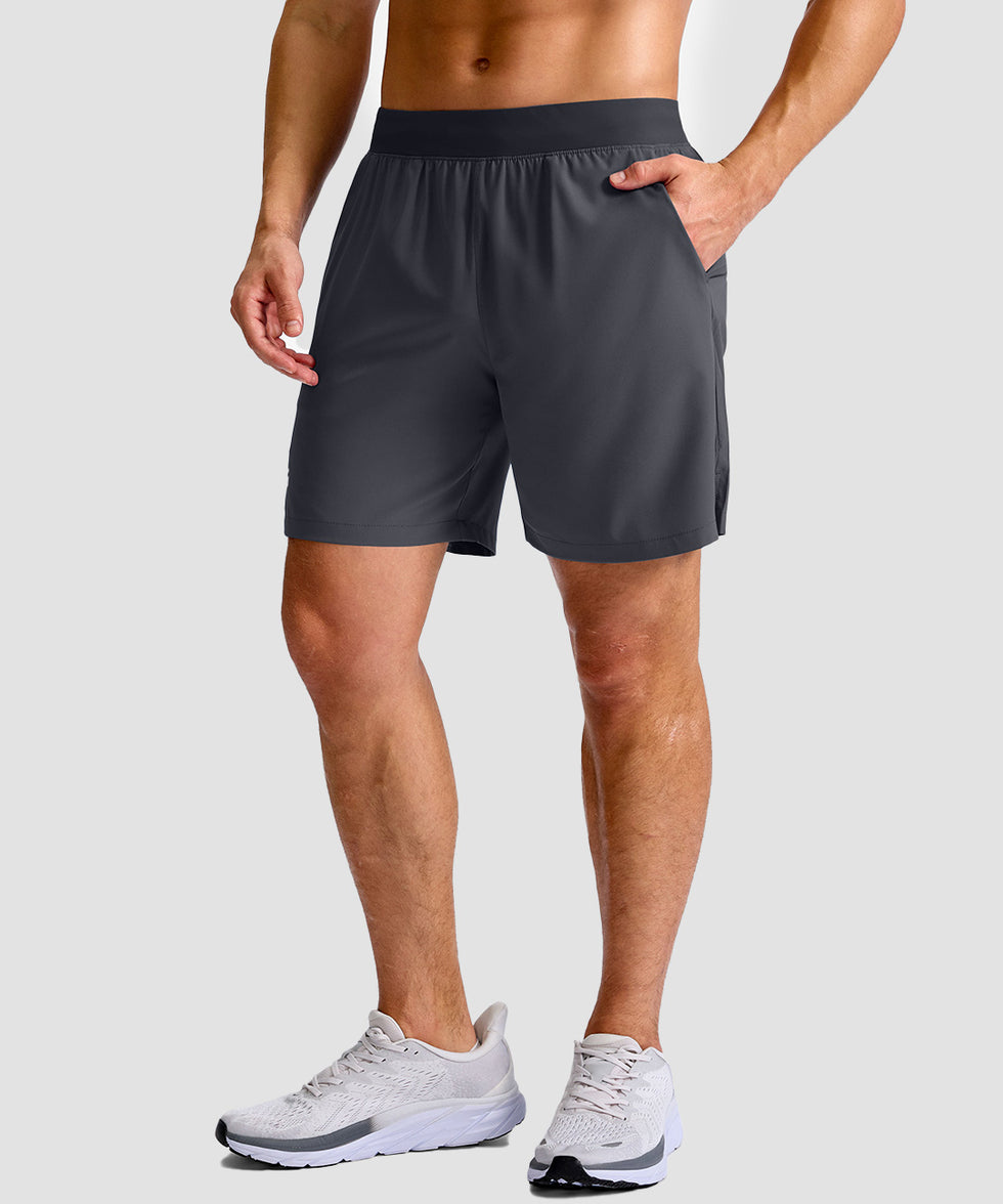 mid rise elastic waist slit short 7" in dark gray - pocket detail view