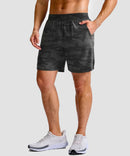 mid rise elastic waist slit short 7" in gray camo - pocket detail view
