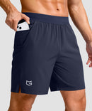 mid rise elastic waist slit short 7" in navy - pocket detail view