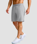 mid rise elastic waist slit short 9" in bright gray - on model side view