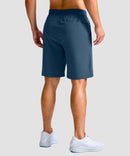 mid rise elastic waist slit short 9" in gray blue - on model back view