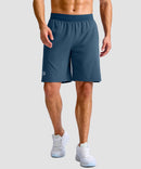mid rise elastic waist slit short 9" in gray blue - on model front view