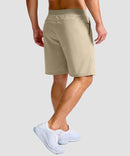 mid rise elastic waist slit short 9" in light khaki - on model back view