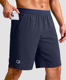 mid rise elastic waist slit short 9" in navy - pocket detail view