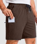 moisture wicking athletic sweat shorts in brown - pocket detail view