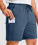 moisture wicking athletic sweat shorts in heather blue - pocket detail view