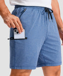 moisture wicking athletic sweat shorts in heather haze blue - pocket detail view