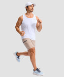 moisture wicking athletic sweat shorts in heather light khaki - on model running view
