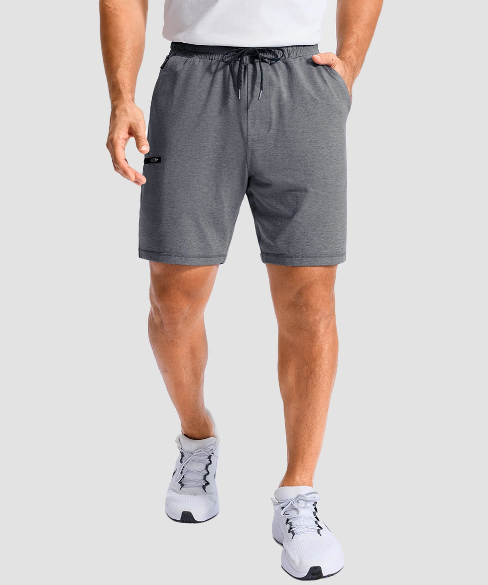 moisture wicking athletic sweat shorts in heather mid gray - on model front view