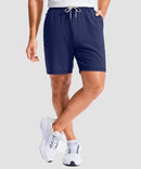 moisture wicking athletic sweat shorts in navy - on model front view