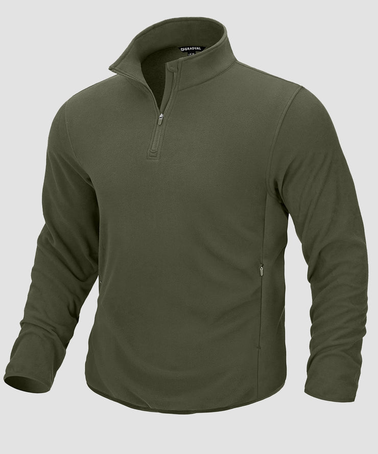 quarter zip fleece pullover in army green - front view