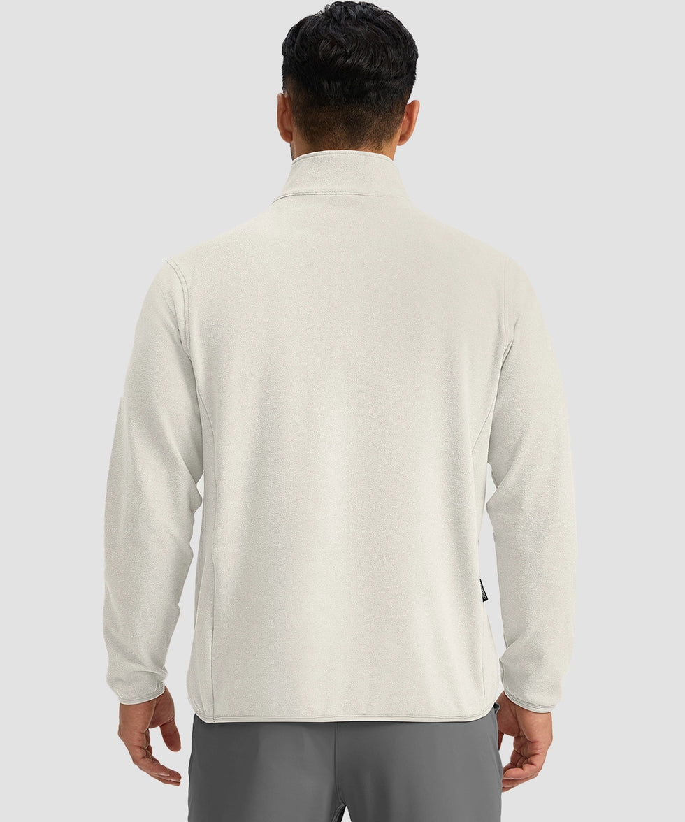 quarter zip fleece pullover in beige - on model back view