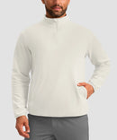 quarter zip fleece pullover in beige - on model front view