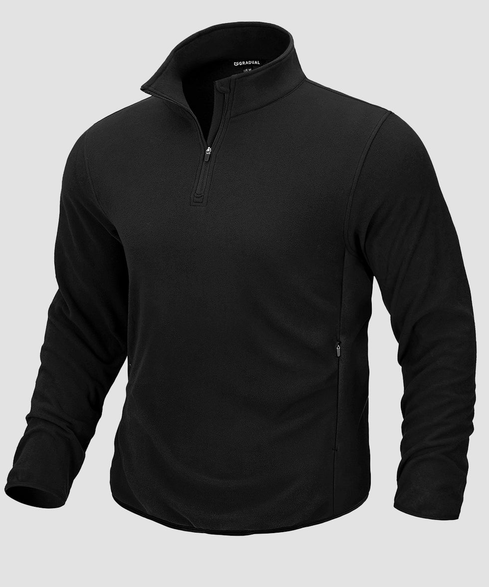 quarter zip fleece pullover in black - front view
