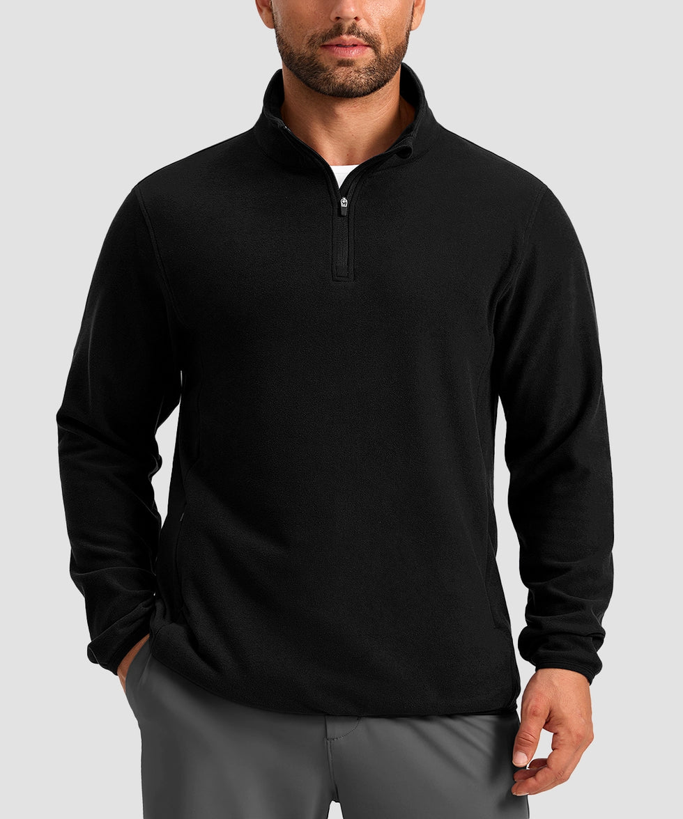 quarter zip fleece pullover in black - on model front view