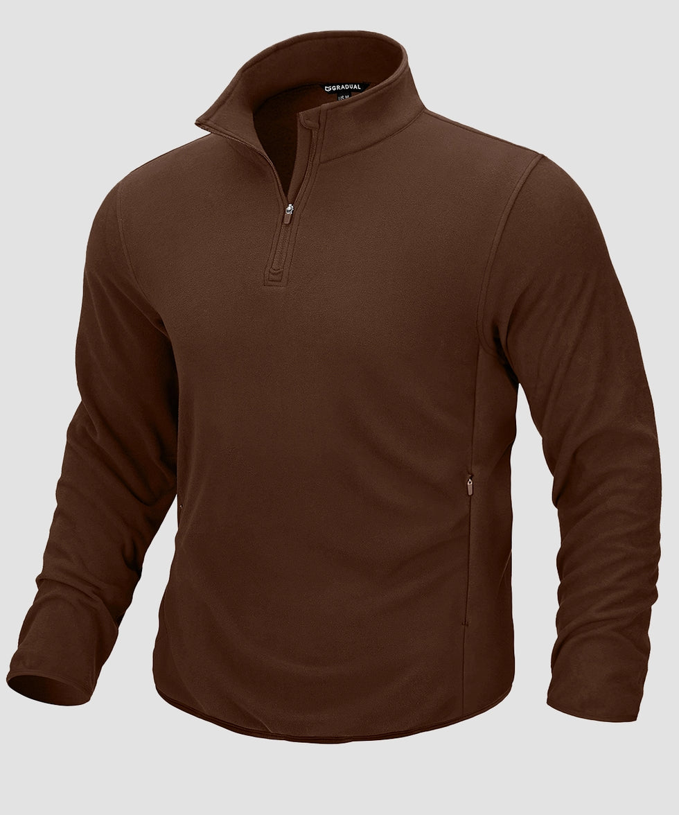 quarter zip fleece pullover in brown - front view