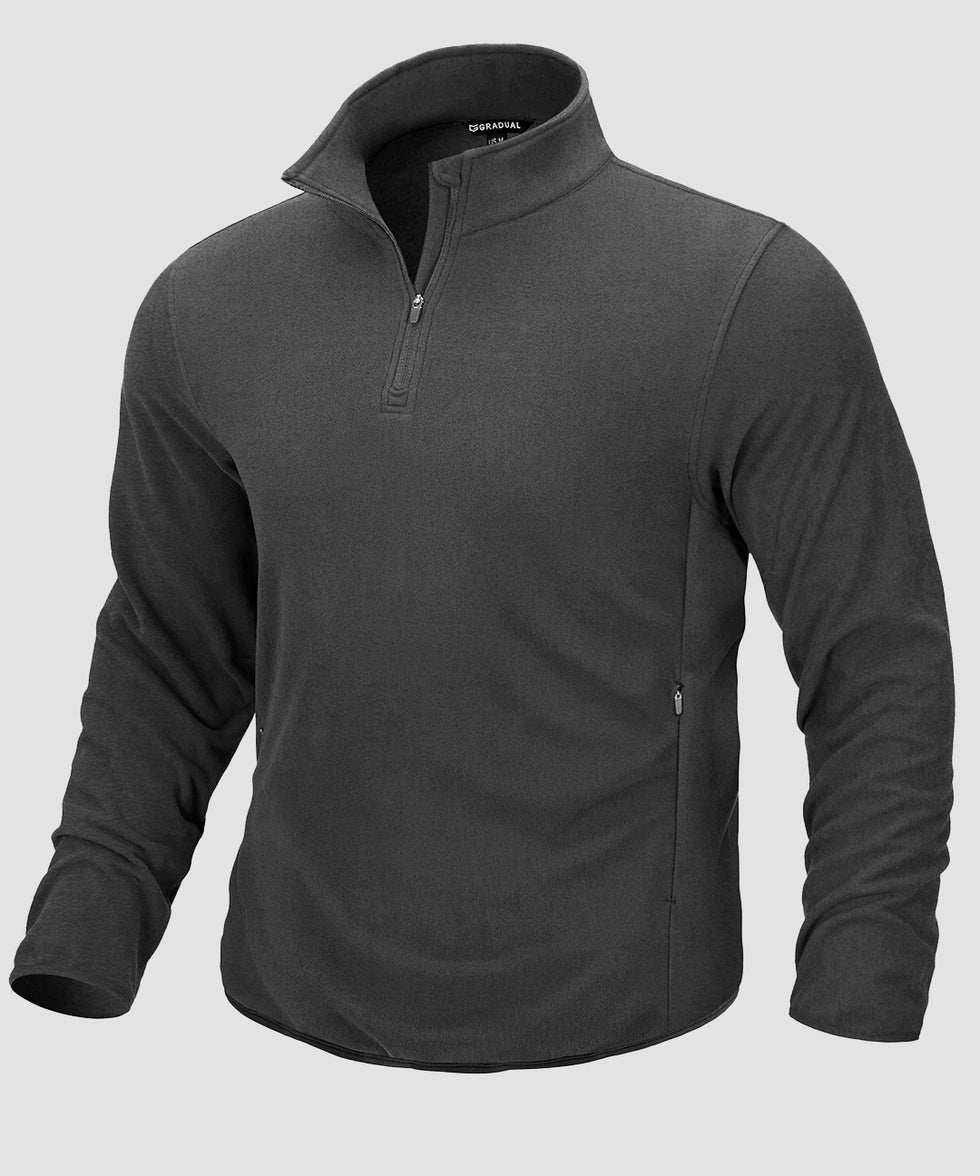 quarter zip fleece pullover in dark gray - front view