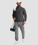quarter zip fleece pullover in dark gray - on model view