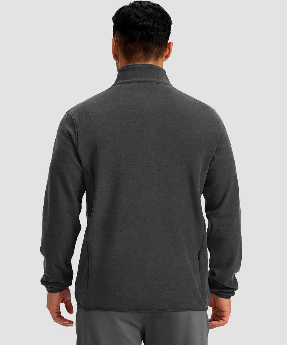 quarter zip fleece pullover in dark gray - on model back view