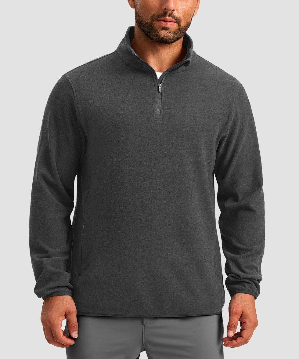 quarter zip fleece pullover in dark gray - on model front view
