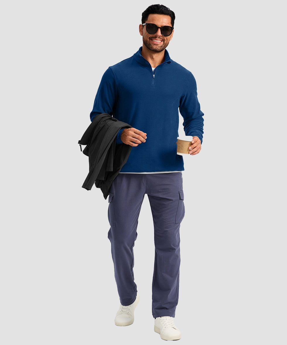 quarter zip fleece pullover in deep blue - on model view