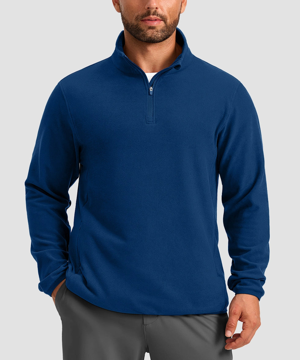 quarter zip fleece pullover in deep blue - on model front view