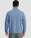 quarter zip fleece pullover in heather blue - on model back view