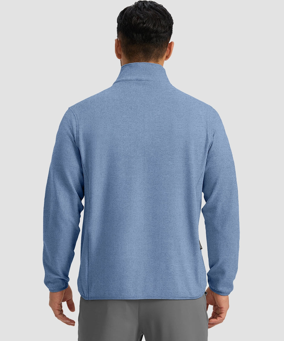 quarter zip fleece pullover in heather blue - on model back view