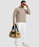 quarter zip fleece pullover in heather khaki - on model view