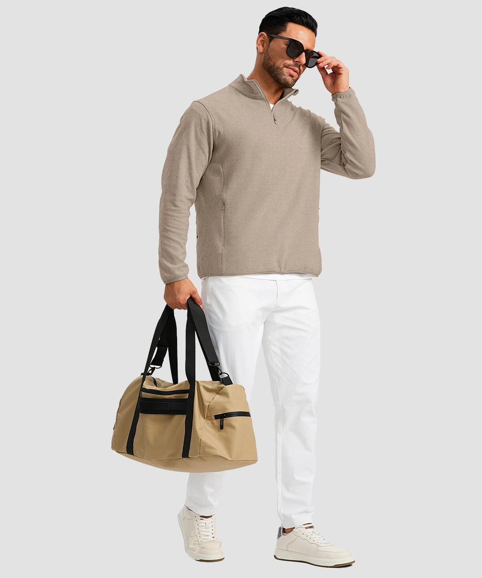 quarter zip fleece pullover in heather khaki - on model view