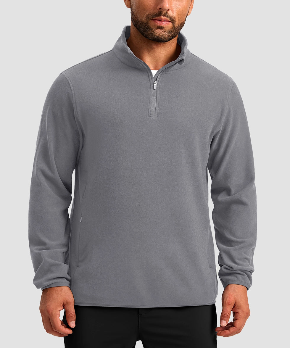 quarter zip fleece pullover in light gray - on model front view