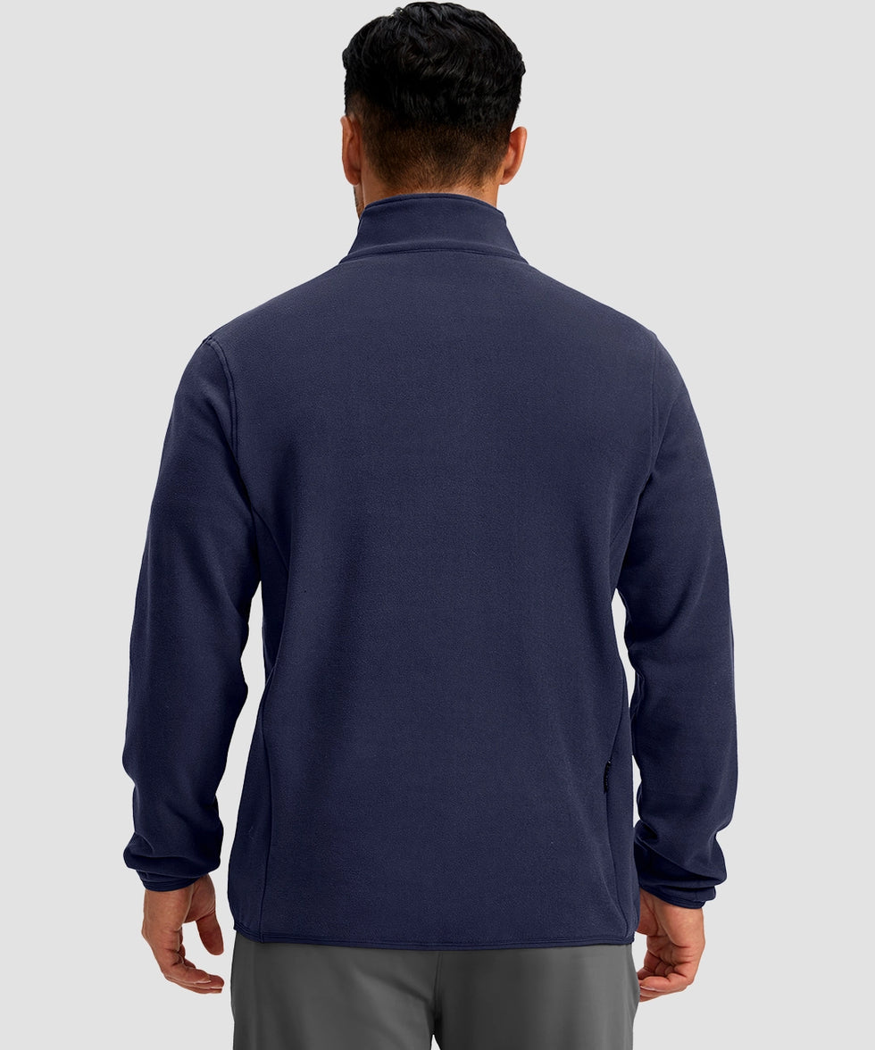 quarter zip fleece pullover in navy - on model back view