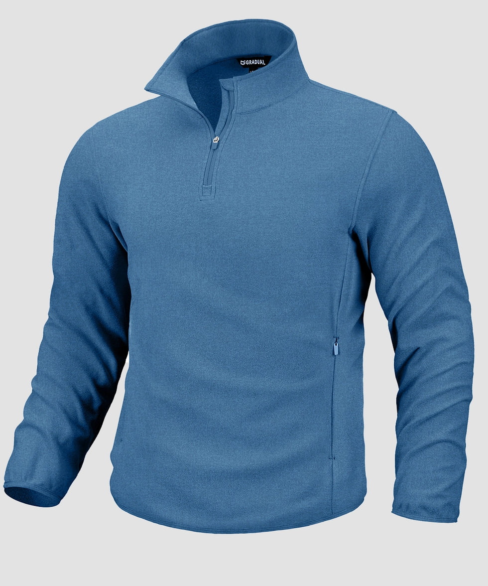 quarter zip fleece pullover in steel blue - front view