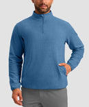 quarter zip fleece pullover in steel blue - on model front view