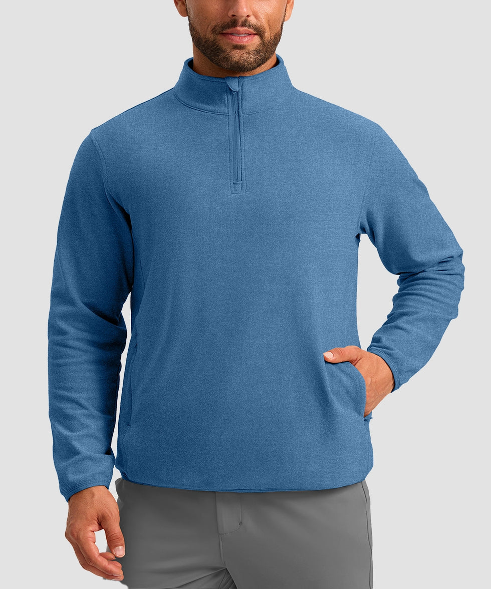 quarter zip fleece pullover in steel blue - on model front view