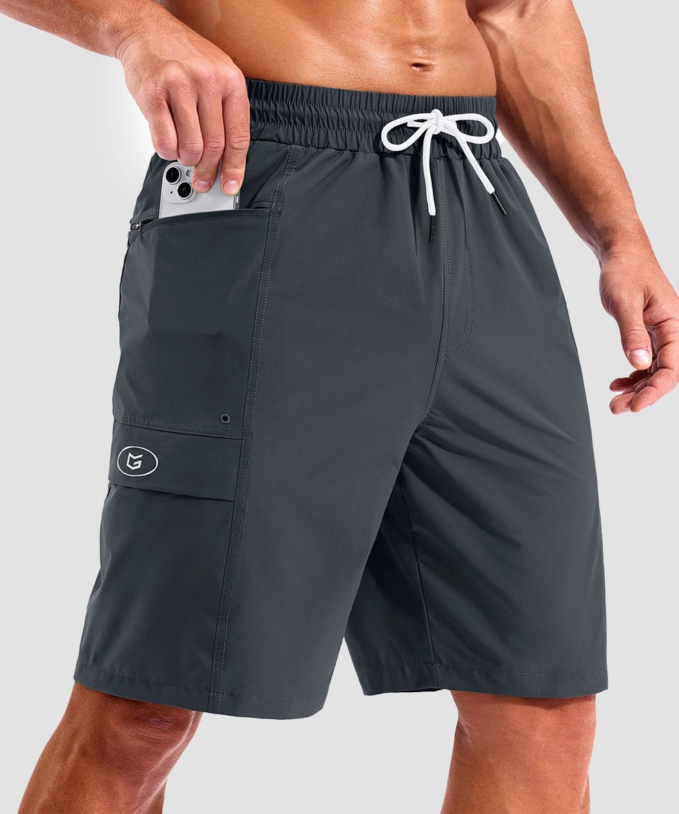 quick dry 9" pocketed board shorts in dark gray - pocket detail view