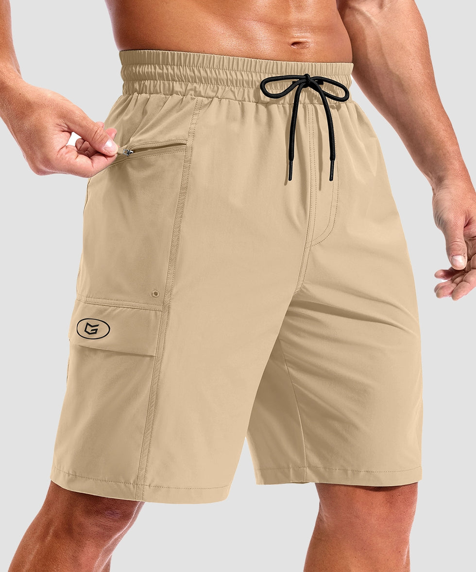 quick dry 9" pocketed board shorts in light khaki - pocket detail view