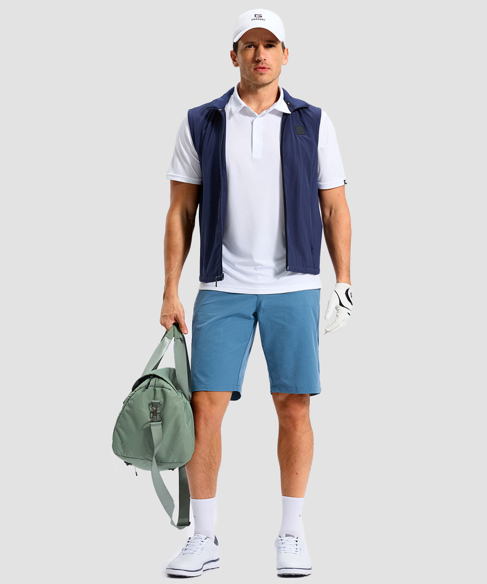 reflective side slit polo in white - on model view