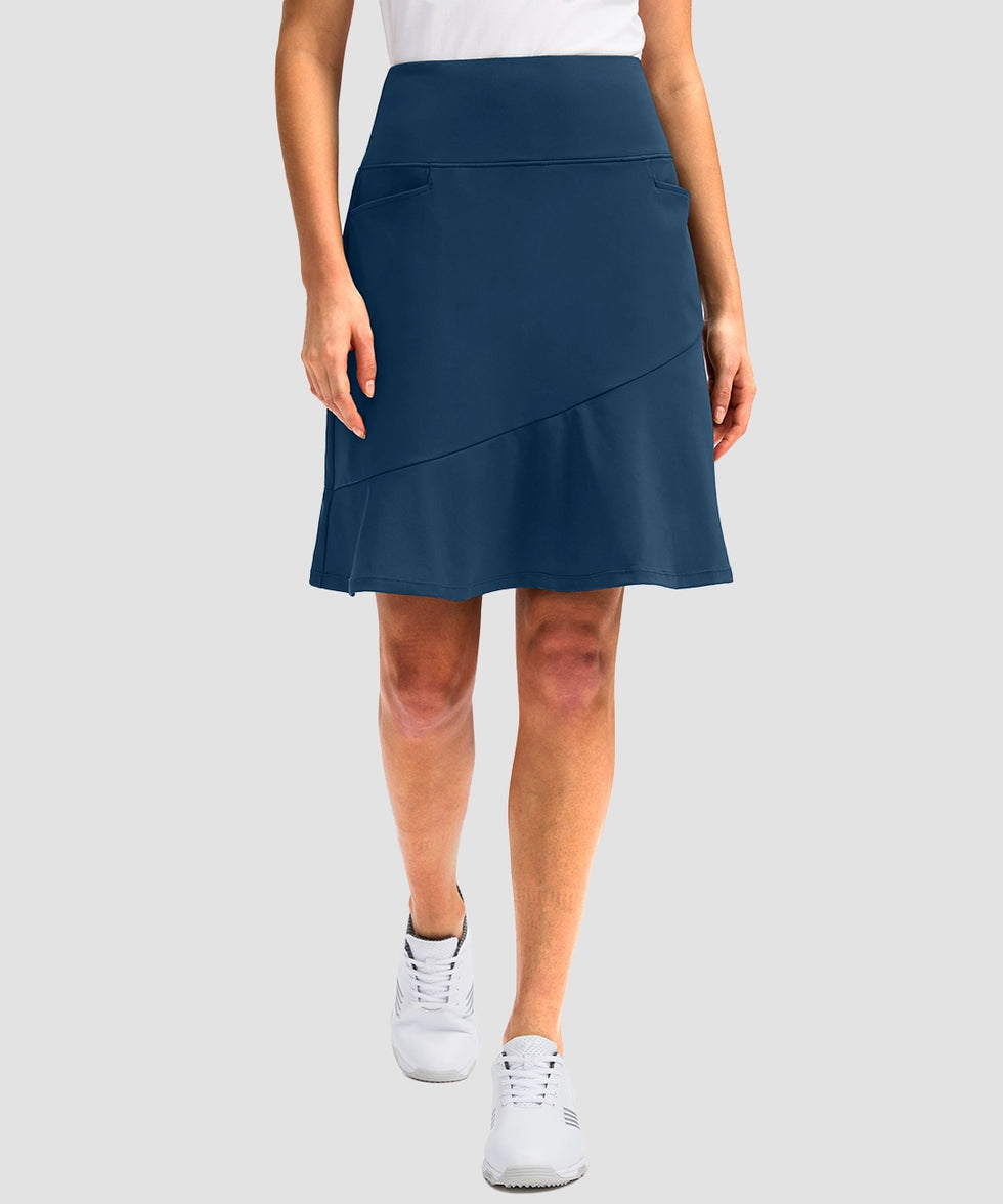 ruffle modest golf skort in dark blue - front view
