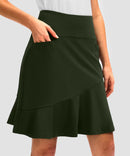 ruffle modest golf skort in olive green - pocket details view