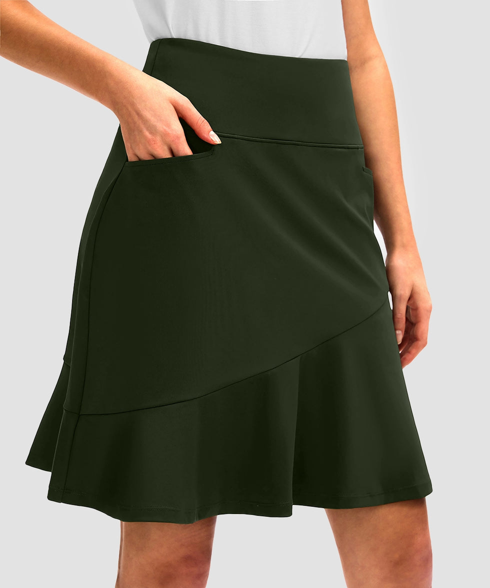 ruffle modest golf skort in olive green - pocket details view
