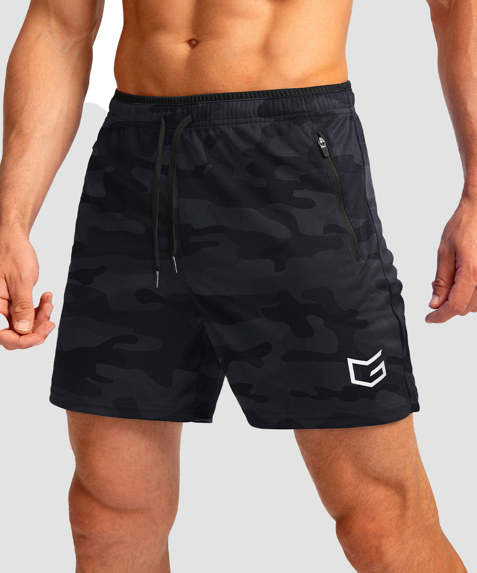 side slit zipper pocket short 5" in black camo - side view