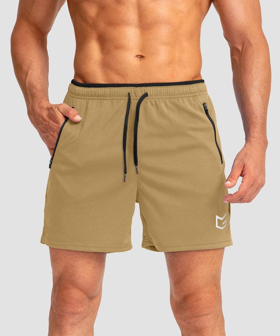 side slit zipper pocket short 5" in khaki - front view