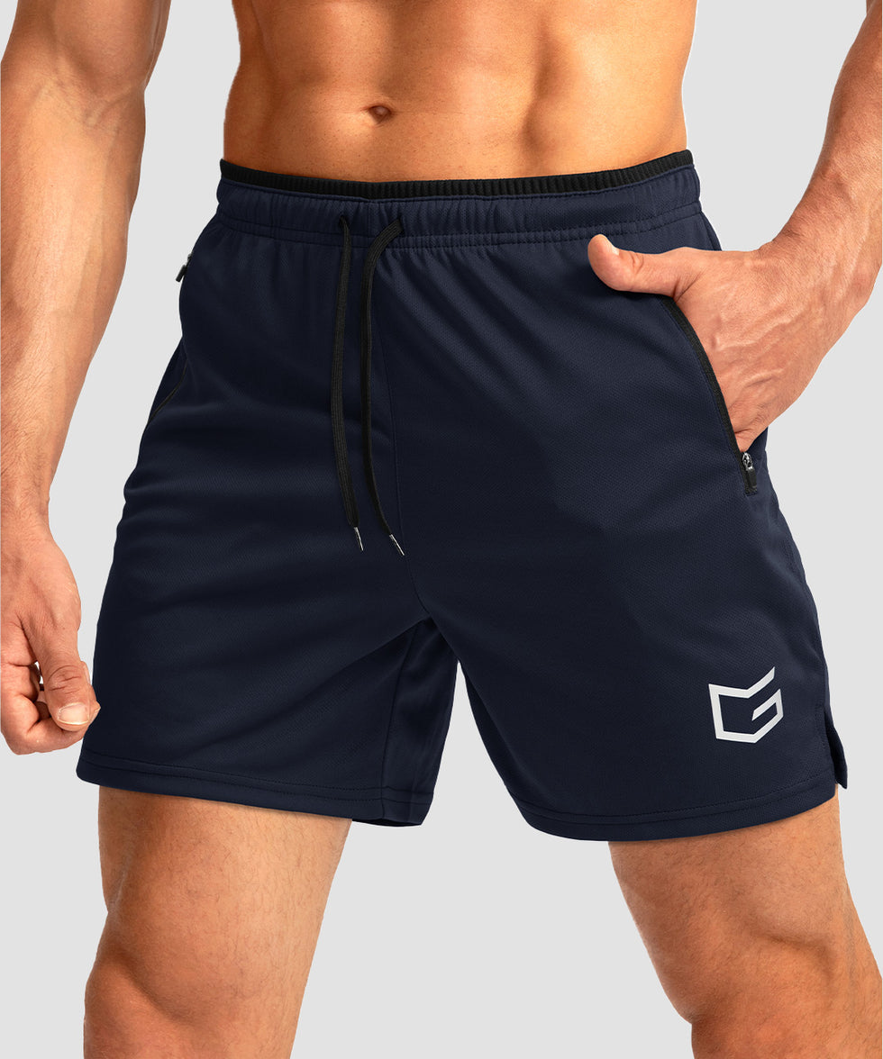 side slit zipper pocket short 5" in navy - pocket detail view