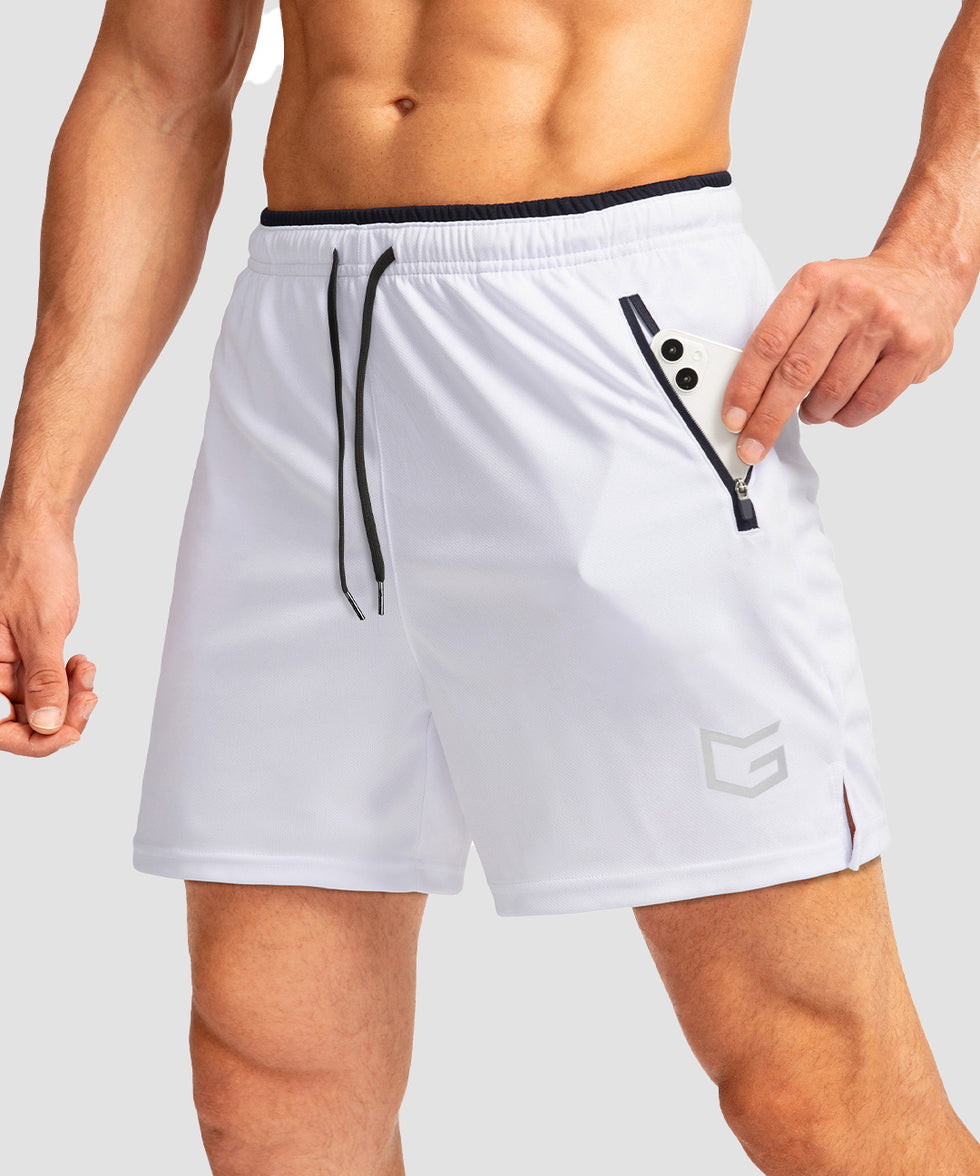 side slit zipper pocket short 5" in white - pocket detail view