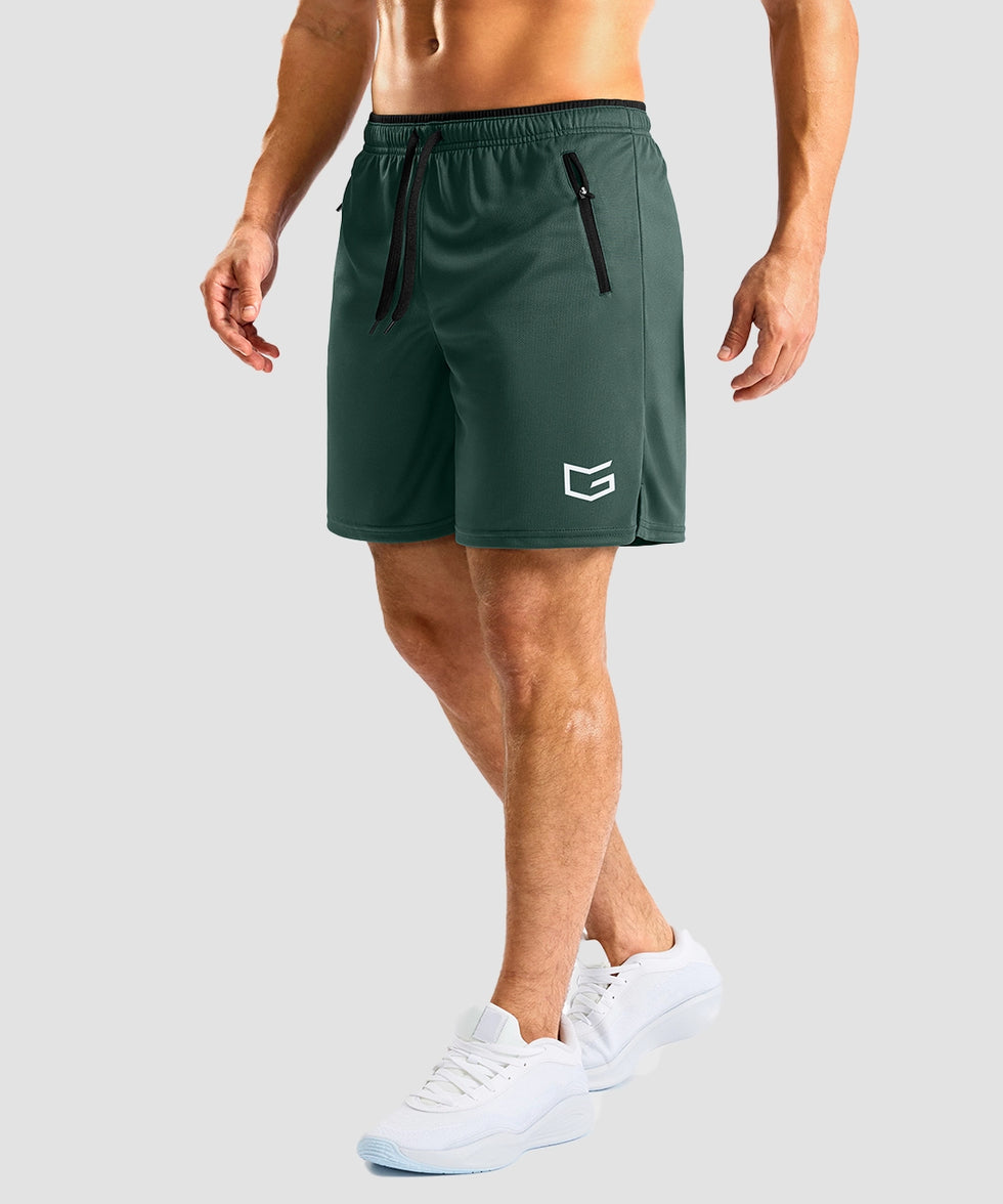 side slit zipper pocket short 7" in army green - on model side view